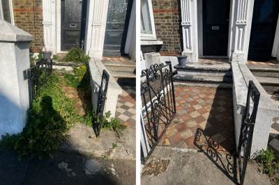 Paving and pathway cleaned by jet washing on a Kent property