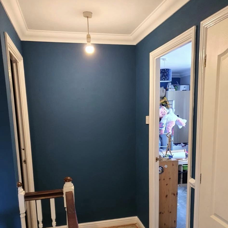 Property maintenance services in Rochester - a landing repainted in deep teal with white woodwork